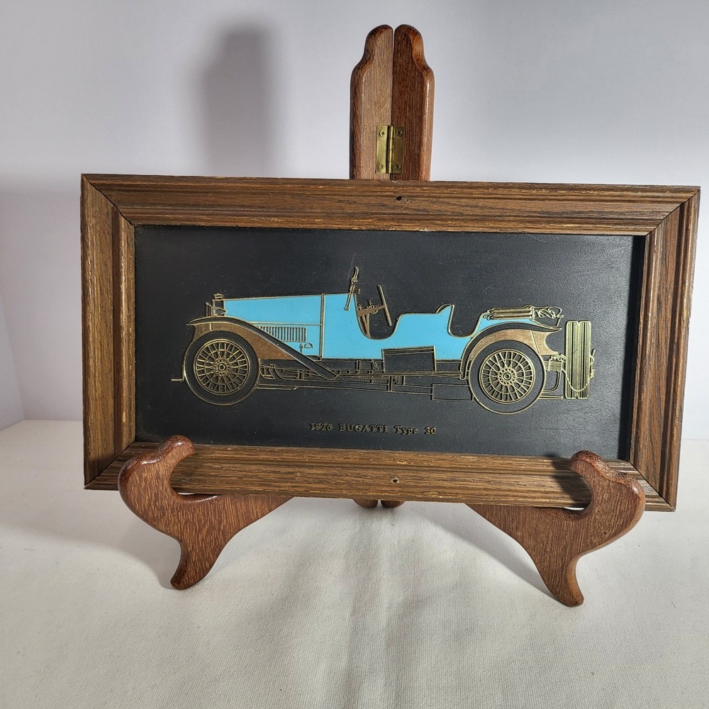 Vintage 1926 Bugatti Type 30 Framed Wall Art Blue Gold Embossed Car Decor 13.5in
